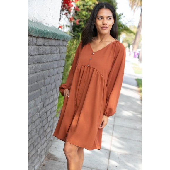 Rust Crepe V Neck Raglan Babydoll Dress - Picture 2 of 12